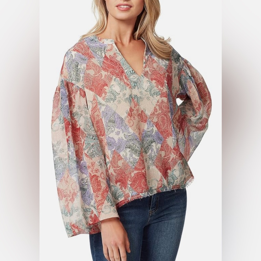NWT Jessica Simpson Jenna Notch Neck Blouse-Paisley Patch Mother of Pearl Size L